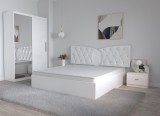 Dormitor Kent Alb cu Pat Matrimonial 160 cm x 200 cm Dulap 2 usi Glisante cu Oglinda si Noptiere