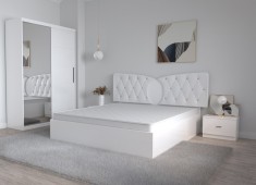 Dormitor Kent Alb cu Pat Matrimonial 160 cm x 200 cm Dulap 2 usi Glisante cu Oglinda si Noptiere foto