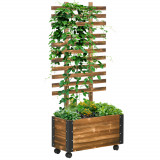 Outsunny Jardiniera cu Spalier pentru Plante Agatatoare si Roti, Jardiniera din Lemn de Brad cu Design Autodrenant, 65x31x147 cm, Maro Carbonizat