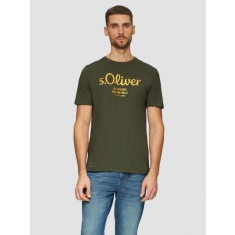 Tricou cu decolteu la baza gatului, barbati, imprimeu cu logo, Verde inchis, S