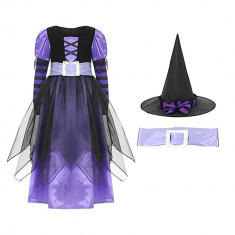 Costum de vrajitoare pentru fetite, cu palarie conica, ideal pentru petreceri mascate, Halloween, zile de nastere, marimea 110-120