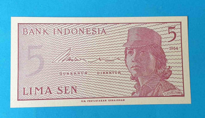 Bancnota Indonezia 5 Lima Sen 1964 - serie ALR046533 - UNC Superba foto