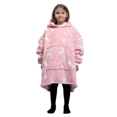 Patura cu maneci, Luna Roz, tip Hanorac, fosforescenta, ultra usor si calduros, cu buzunar tip cangur, manseta elastica, Flanel &amp;amp; Polar, 75 cm