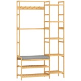 HOMCOM Cuier cu raft pentru pantofi, c&acirc;rlige pentru haine, suport pentru paltoane, bancă cu pernă, pentru hol, intrare, lemn natural | Aosom Romania