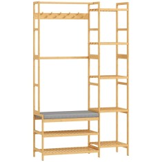 HOMCOM Cuier cu raft pentru pantofi, c&acirc;rlige pentru haine, suport pentru paltoane, bancă cu pernă, pentru hol, intrare, lemn natural | Aosom Romania