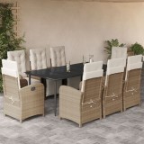 VidaXL Set de masă pentru grădină, 9 piese, cu perne, bej, poliratan
