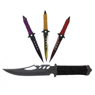 Set Cutit de vanatoare Extreme Battle si trei cutite de aruncat, Ninja Assasin, DEPOX&amp;reg;, otel inoxidabil, teaca inclusa foto