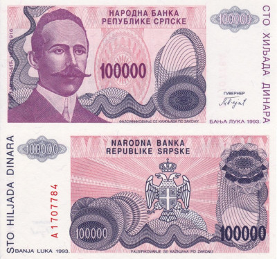 BOSNIA-HERTEGOVINA 100.000 dinara 1993 BANJA LUKA UNC!!! foto