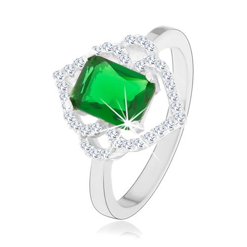Inel din argint 925, zirconiu verde dreptunghiular, contururi de frunză transparentă, arcade - Marime inel: 49