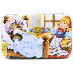 Puzzle 60 de piese din lemn in cutie metalica, flippy, model scufita rosie, educativ, dezvoltare abilitati cognitive, pentru prescolari, 22.5x13.5 cm,