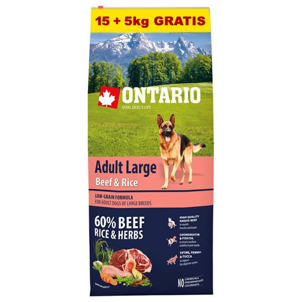 ONTARIO Adult Large Beef &amp;amp; Rice 15+5kg GRATIS