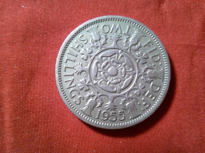 Moneda Marea Britanie 1955 Elisabeta II 2 shillings cal F.Buna foto