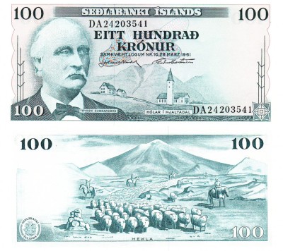 Islanda 100 Kronur Coroane 1961 P-44a UNC foto