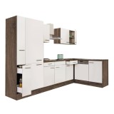 Mobilier de bucătărie de colț Yorki 310, cu corp din stejar Yorki, fațadă albă cu finisaj satinat și dulap cu rafturi, fără blat de lucru