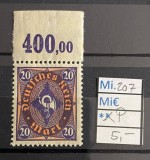Germania &ndash; Deutsches Reich, 20 Mark &bdquo;Posthorn&rdquo;, cu margine superioară 400,00, MNH (Mi. 207)-A1000