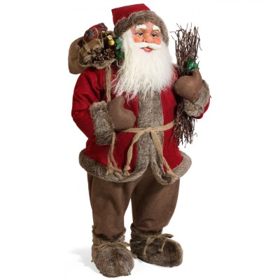 Figurină Decorativă, Moș Crăciun, 81 cm, Sac Cadouri, Crengi, Roșu foto