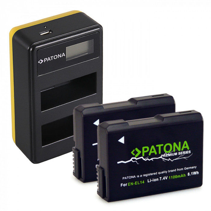 Pachet Incarcator Dual LCD USB si 2x Acumulator Patona Premium Nikon EN-EL14
