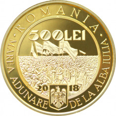 MONEDA AUR 500 LEI 2018, 31.103 g, CENTENARUL MARII UNIRI, tiraj 200 pcs.