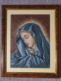 Goblen vintage, Icoana Maica Domnului, lucrat manual anii 90, inramat, 23x31 cm