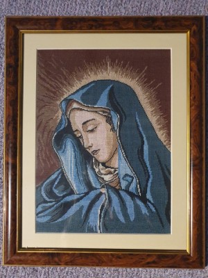 Goblen vintage, Icoana Maica Domnului, lucrat manual anii 90, inramat, 23x31 cm foto