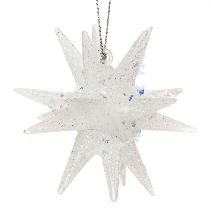 Ornament Brad Crăciun 3D, Fulg Glitter Irizat, 9cm, Plastic, Alb