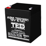 Acumulator AGM VRLA 12V 5,1A dimensiuni 90mm x 70mm x h 98mm F2 TED Battery Expert Holland TED003157 (10) SafetyGuard Surveillance, Oem