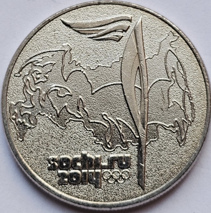 25 ruble 2014 Rusia, Winter Olympics - Olympic Torch, unc