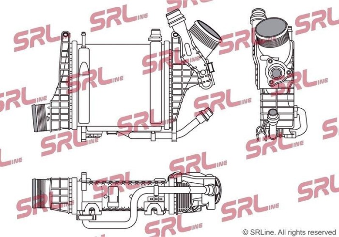 Intercooler Mercedes Clasa C, Clasa CLS, Clasa E, motor: 1.5 T, 2.0 T, intercooler - racire apa, 207x197x64, SRLine, Aluminiu/ Plastic brazat,