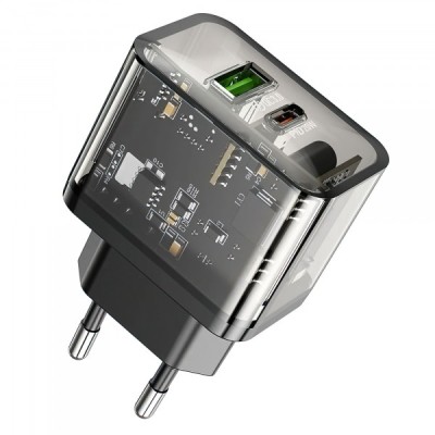 Incarcator Retea HOCO N34, 20W, 3A, 1 x USB-A - 1 x USB-C, Transparent foto