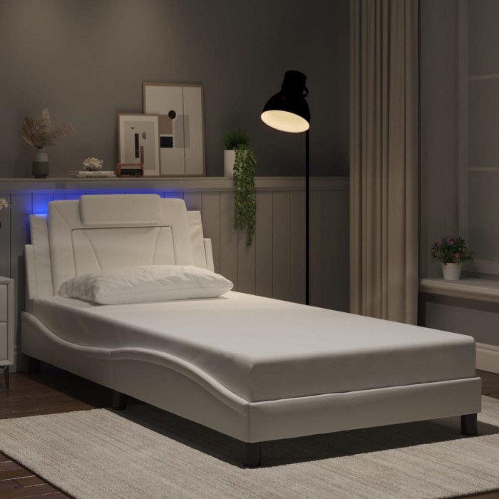 vidaXL Cadru de pat cu lumini LED, alb, 100x200 cm, piele ecologică 3214002