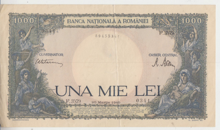 M 1 - Bancnota Romania - 1000 lei - emisiune 20 martie 1945