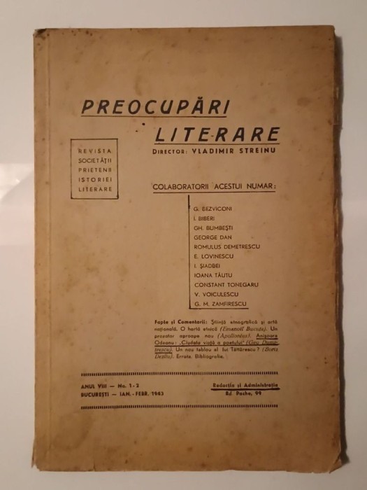 Vladimir Streinu - Preocupări literare, Anul VIII, Nr. 1-2 (1943)