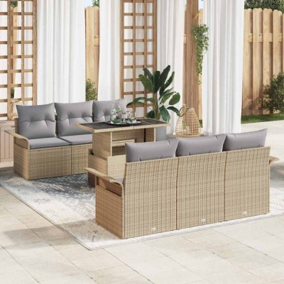 vidaXL Set de canapele pentru grădină cu pernă 7 pcs Bej Rattan poli foto