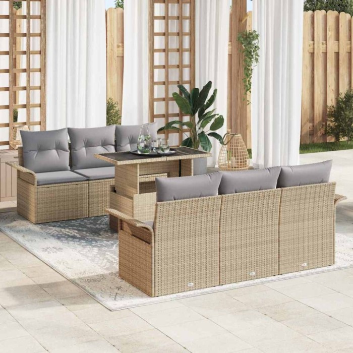 vidaXL Set de canapele pentru grădină cu pernă 7 pcs Bej Rattan poli