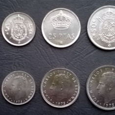 SPANIA █ SET COMPLET DE MONEDE █ 50 Centimos 1, 5, 25, 50, 100 Pesetas 1975 UNC