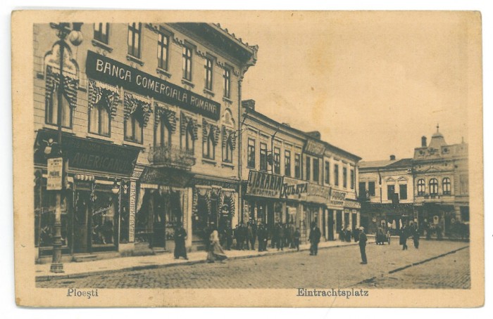 720 - PLOIESTI, Bank, street stores, Romania - old postcard, CENSOR - used 1917