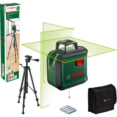 Nivela laser cu linii BOSCH AdvancedLevel 360, precizie 0,4 mm m ,unghi de deschidere 120 ,cu 4 baterii 1.5 V LR6, geanta depozitare si stativ foto