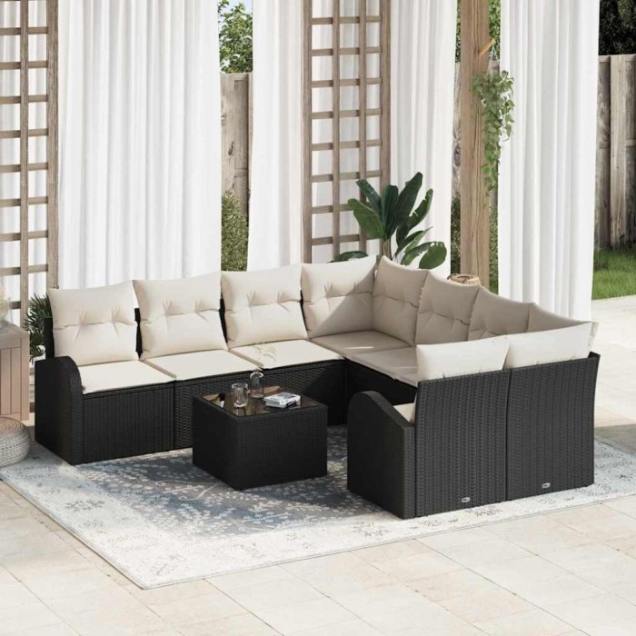 vidaXL Set de canapele pentru grădină cu pernă 9 pcs Negru, Crem