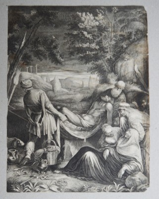 Jacopo Bassano &amp;quot;Punerea in mormant&amp;quot; gravura veche 1655-1660 foto