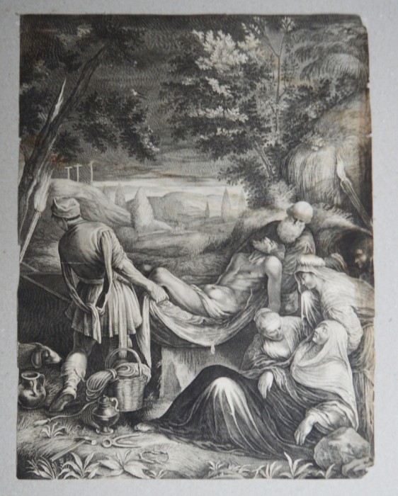 Jacopo Bassano &quot;Punerea in mormant&quot; gravura veche 1655-1660