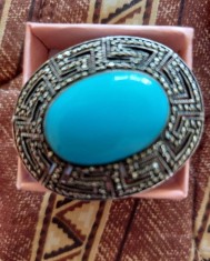 Superba brosa vintage argint cu turcoaz si marcasite foto