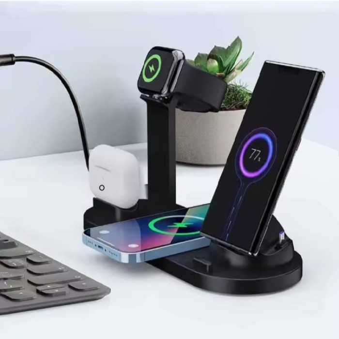 Incarcator wireless ZYTEQ&reg; 4 in 1, statie universala Qi, fast charge 15W, compatibil Apple Watch, AirPods, iPhone, Android, Samsung, Huawei, negru