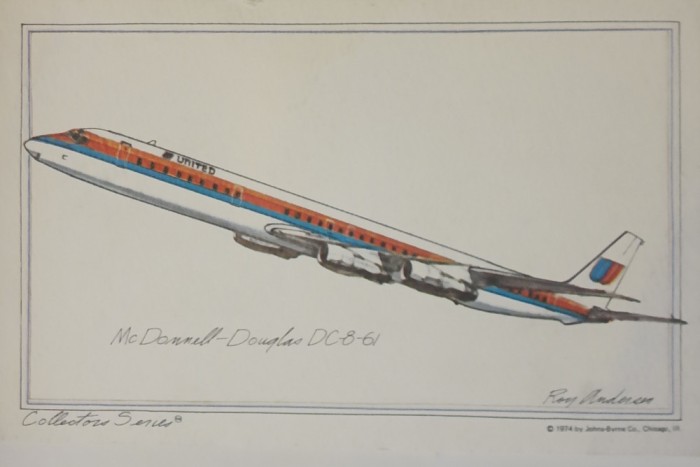 CARTE POSTALA AVION MC DONNELL-DOUGLAS DC-8-61. ROY ANDERSON. SERIA COLECTOR