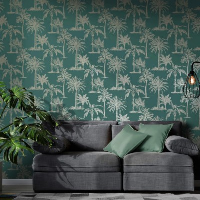 DUTCH WALLCOVERINGS Tapet Tropical Trees, albastru verzui și argintiu foto