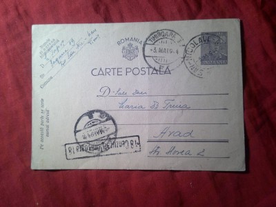 Carte Postala circulata 1944 San Nicolau Mare- Timisoara- Arad , Cenzura Timisoara Timbru fix 10 lei Mihai foto