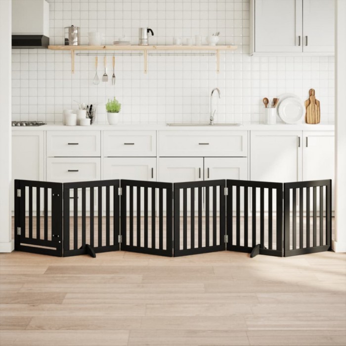 vidaXL Poartă c&acirc;ini pliabilă cu ușă 6 panouri negru, 300 cm, lemn plop 352253