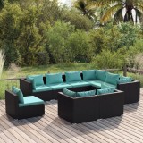 Set mobilier de grădină cu perne, 9 piese, negru, poliratan