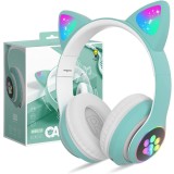 Casti wireless Brivoo&reg;, Bluetooth 5.0, efect LED &amp;quot;Cat Ears&amp;quot;, microfon HD, turcoaz