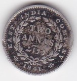 East India Company QUEEN VICTORIA 2 annas 1841, Asia, Argint