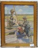 Lucrare "La Fantana" tip "Scoala Baia Mare" tehnica pastel pe hartie, semnat indescifrabil, dimensiuni 46x36 cm